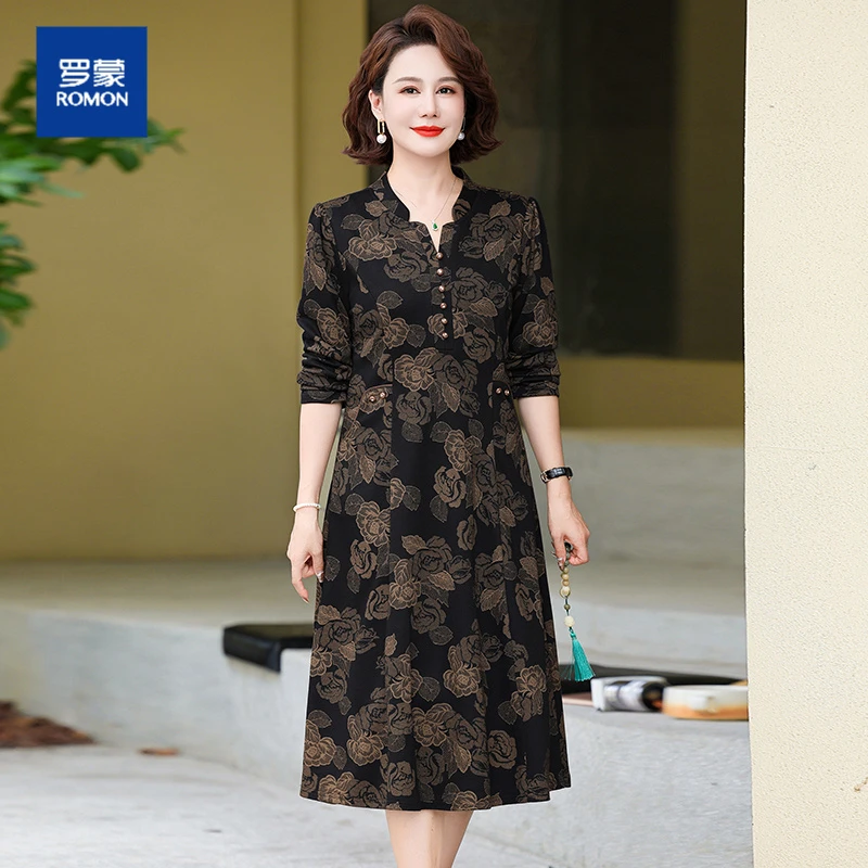 罗蒙中老年秋季新款国风印花长袖弹力显瘦遮肉气质妈妈装连衣裙