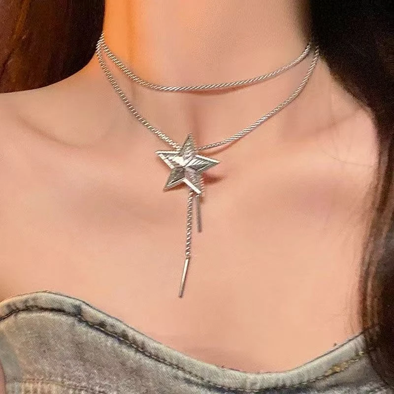 锌合金项链 抽拉五角星项链女爆款轻奢小众夸张长锁骨颈链毛衣链