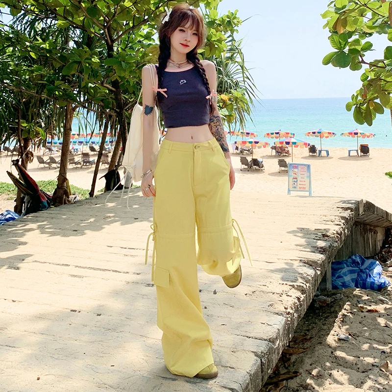灵貂黄色工装裤子女2025新款小个子高腰美式宽松多巴胺休闲阔腿裤