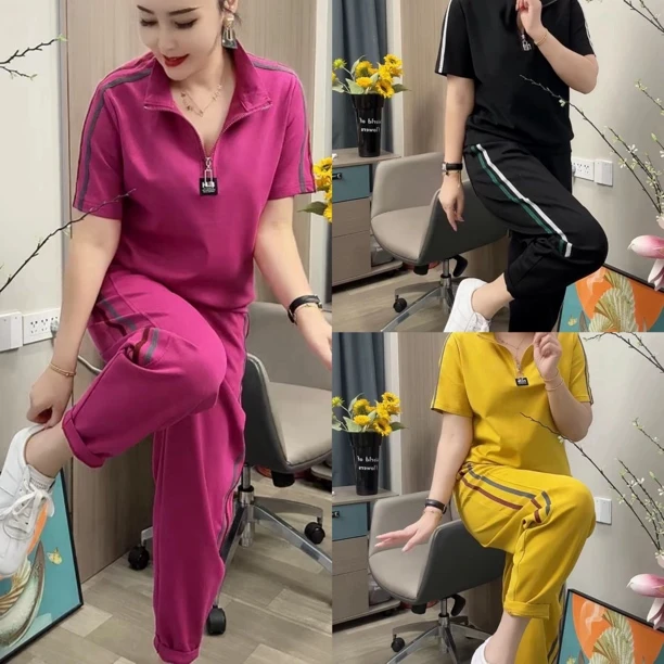 新款立领拉链侧边条拼接宽松锥腿束脚短袖上衣彩条裤套装