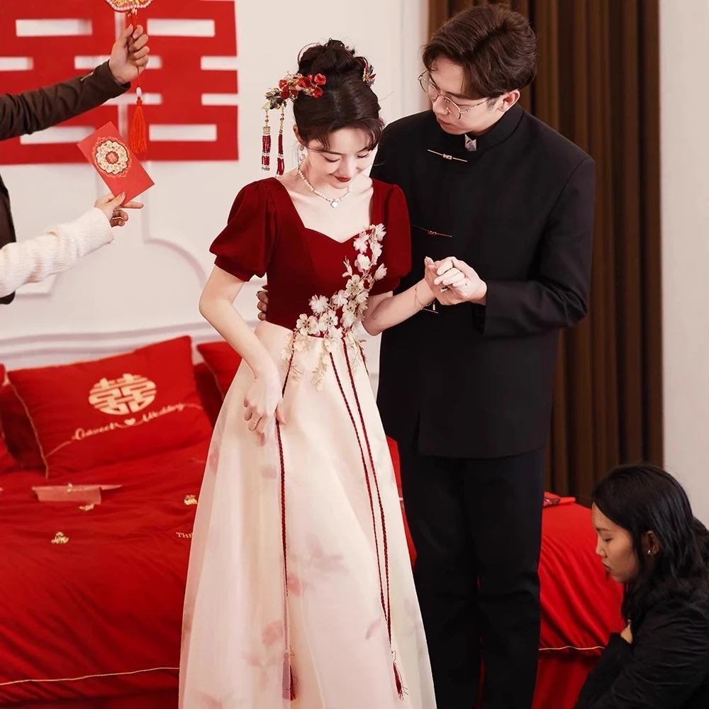 大码敬酒服新娘新款方领结婚订婚礼服胖回门长款显瘦连衣裙气质