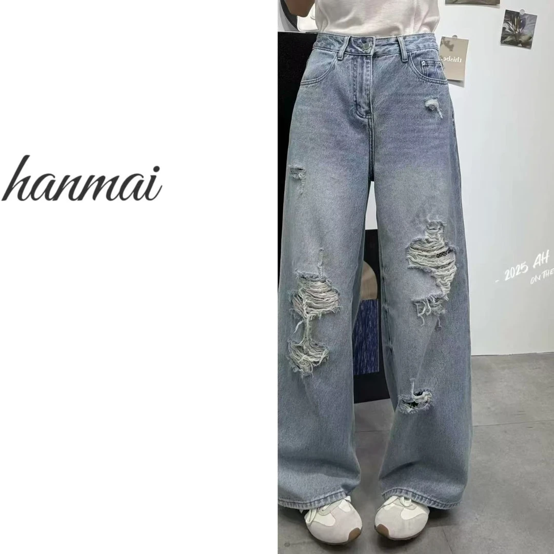 08欧版时尚百搭腰后粉色拼蕾丝标破洞牛仔直筒裤