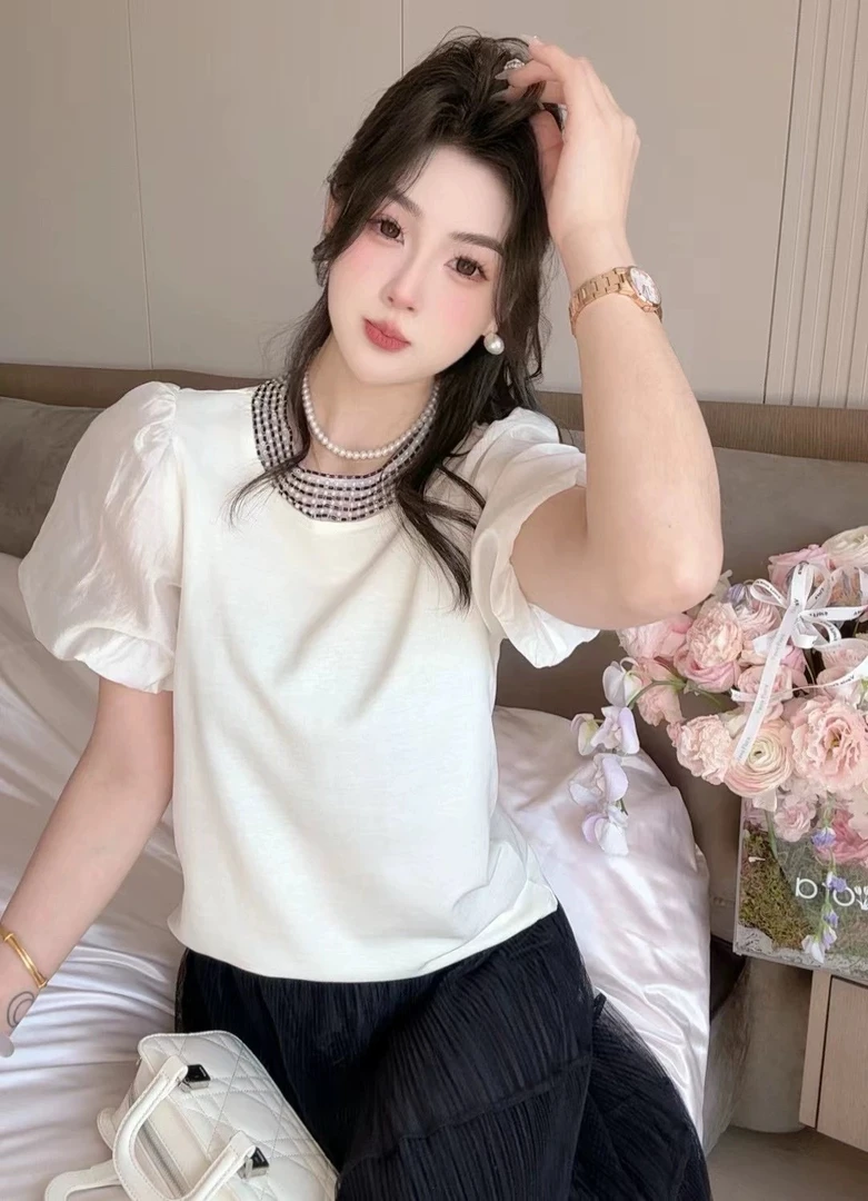 25066#设计感泡泡袖圆领百搭时尚气质显瘦甜美小众洋气小香风T恤