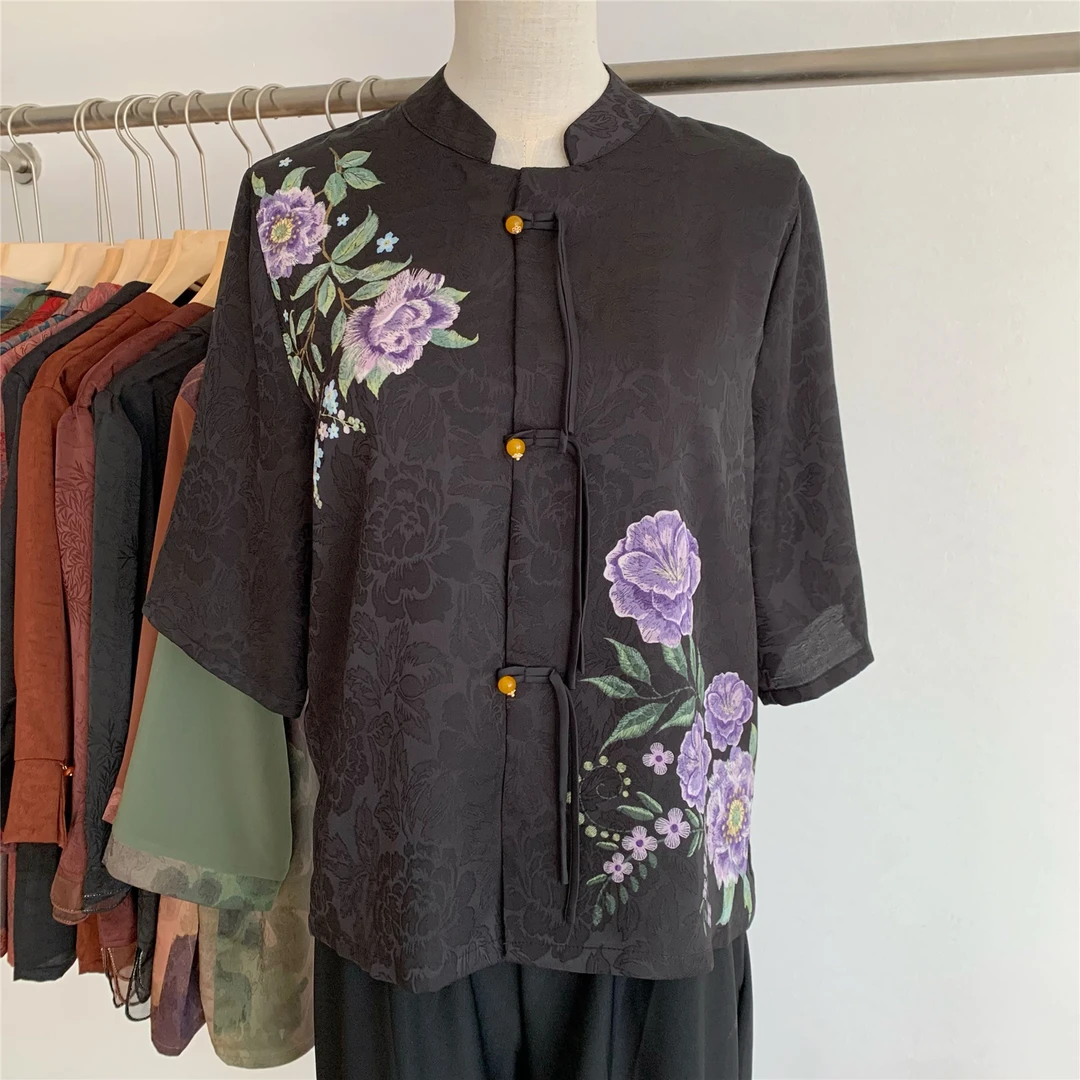 高端中年妈妈夏装仿真丝上衣女2025新款气质中老年国风印花小衫薄