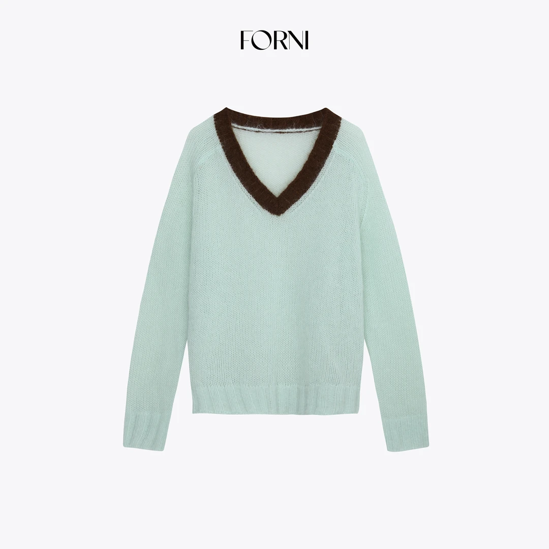 FORNI 打破沉闷的 baby马海毛羊毛彩色多巴胺撞色V领廓形针织毛衣