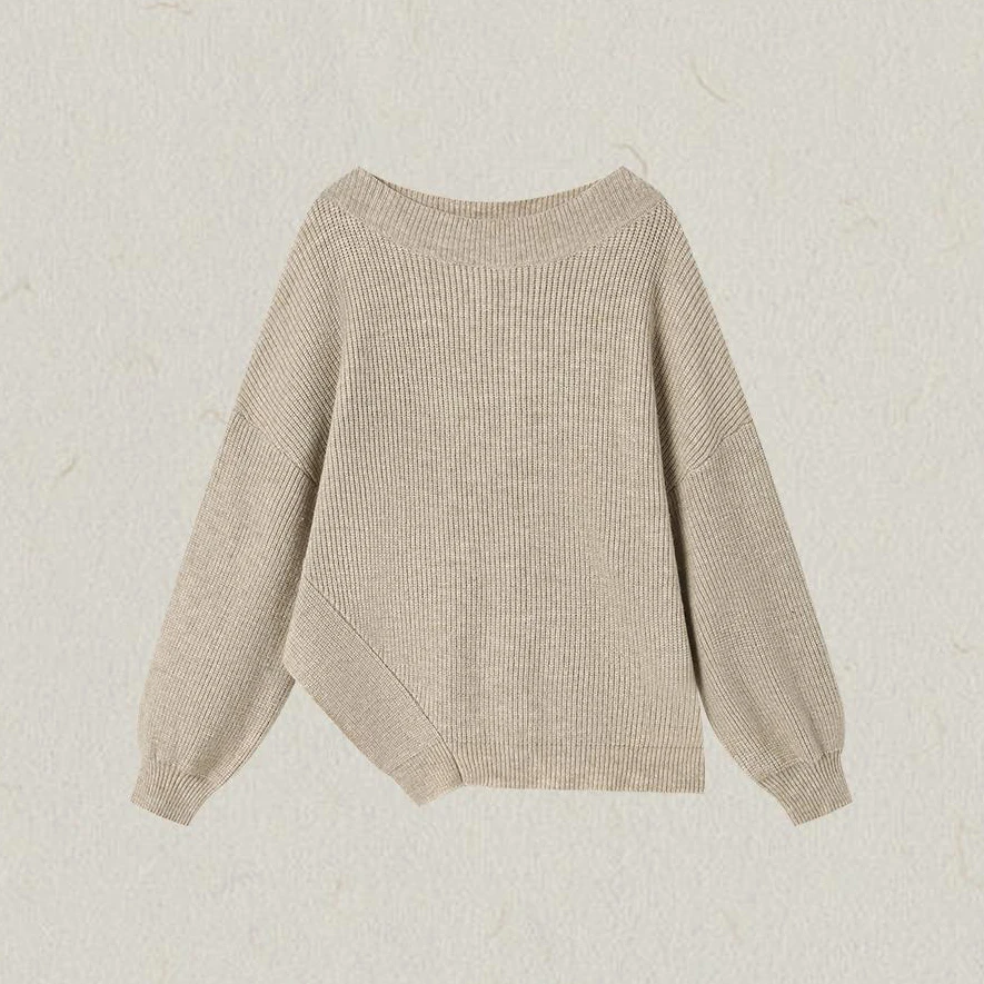 【赵露思同款】一字肩竖条纹不规则下摆套头毛衣女士宽松显瘦上衣