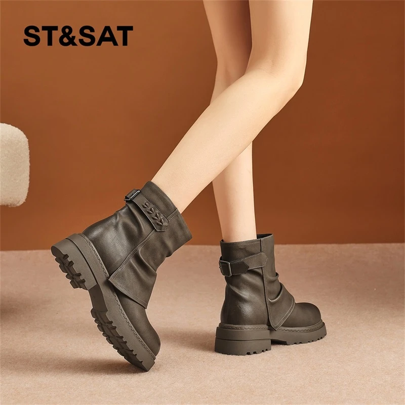 星期六棕色时装靴女2025新款秋季复古切尔西靴厚底百搭舒适马丁靴