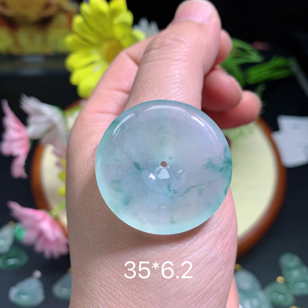 缅甸翡翠A货冰种飘花平安扣钟挂件水润百搭精冰气质质珠宝玉石