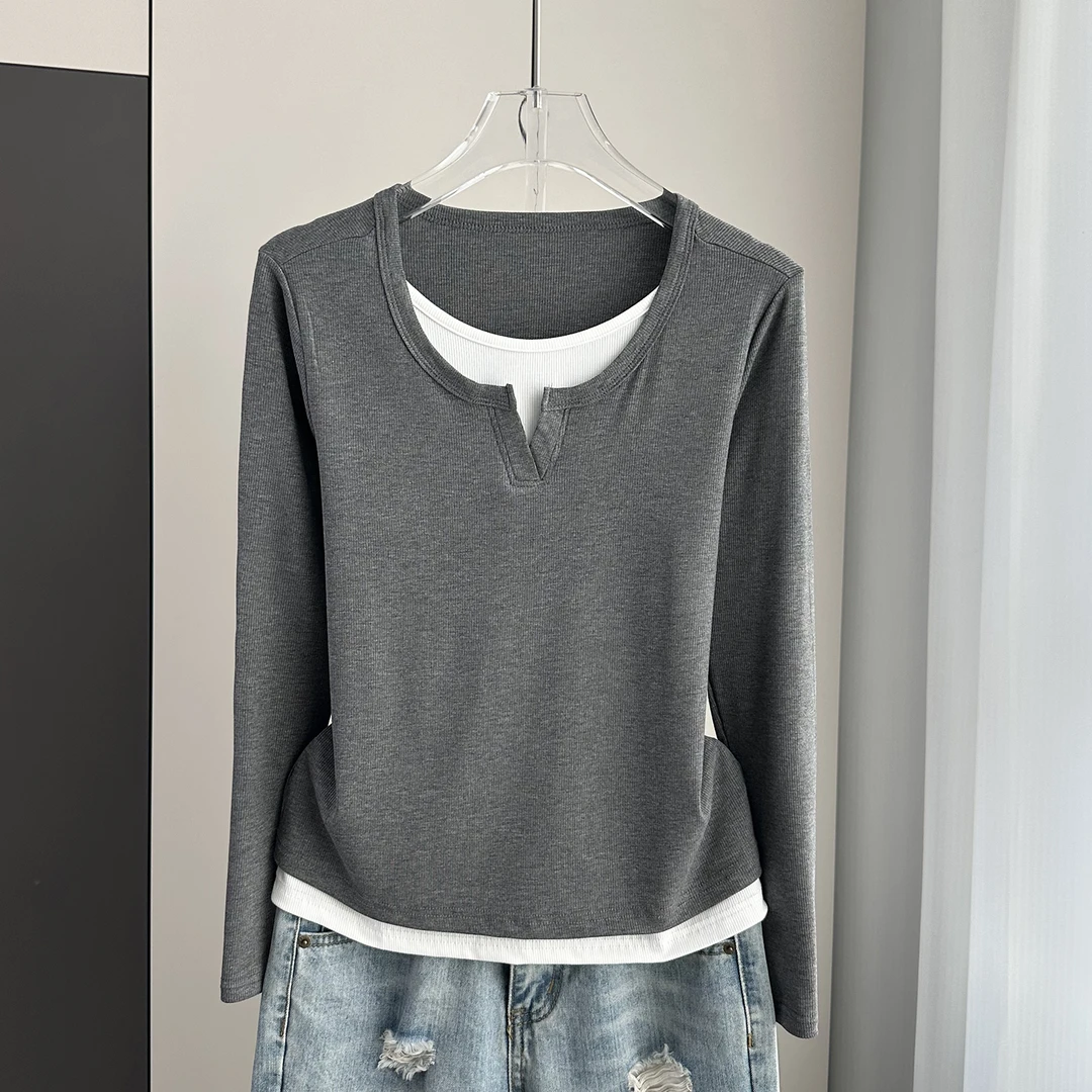 黑色假两件长袖T恤女春秋季薄款拼接宽松显瘦大码遮肉打底衫上衣