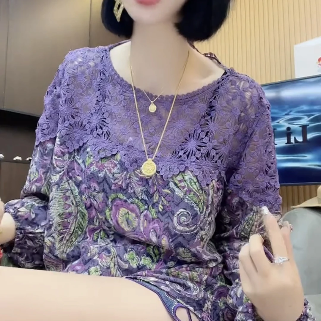 纤时尚拼接蕾丝领碎花衫宽松显瘦长袖气质上衣