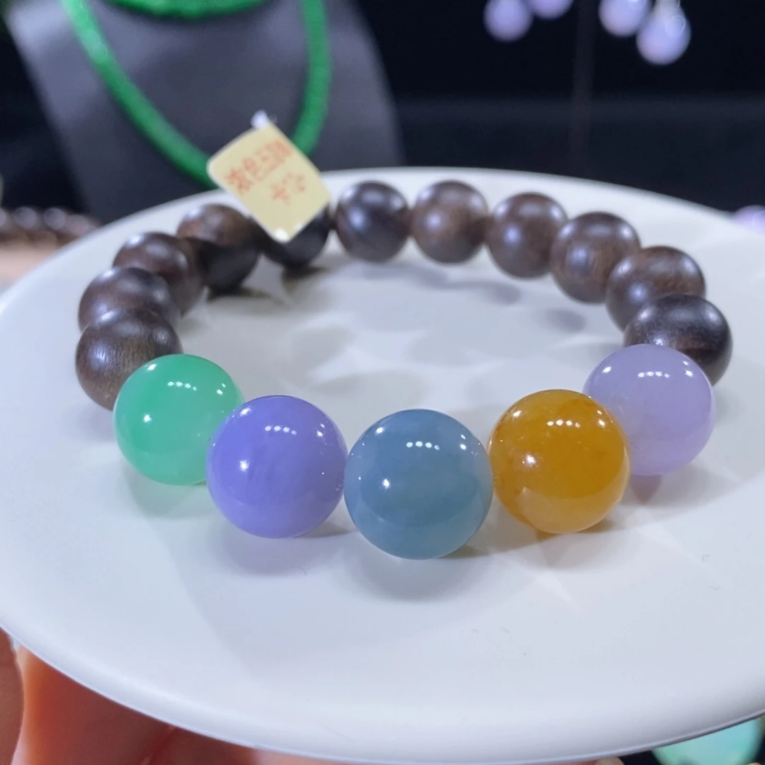 翡翠未镶嵌颈饰翡翠浓五彩圆珠手串12+mm