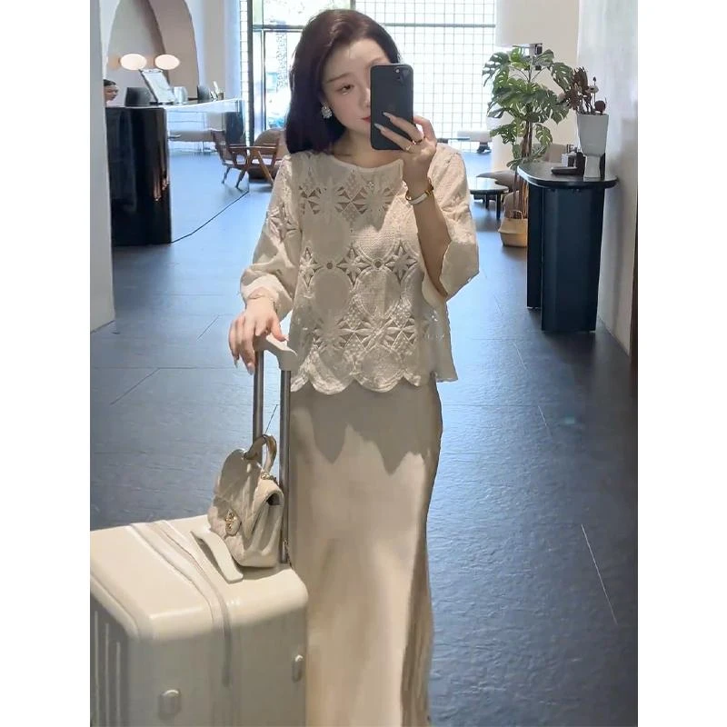 D117+D118高级白色镂空休闲气质上衣高腰鱼尾半身裙时尚显瘦女