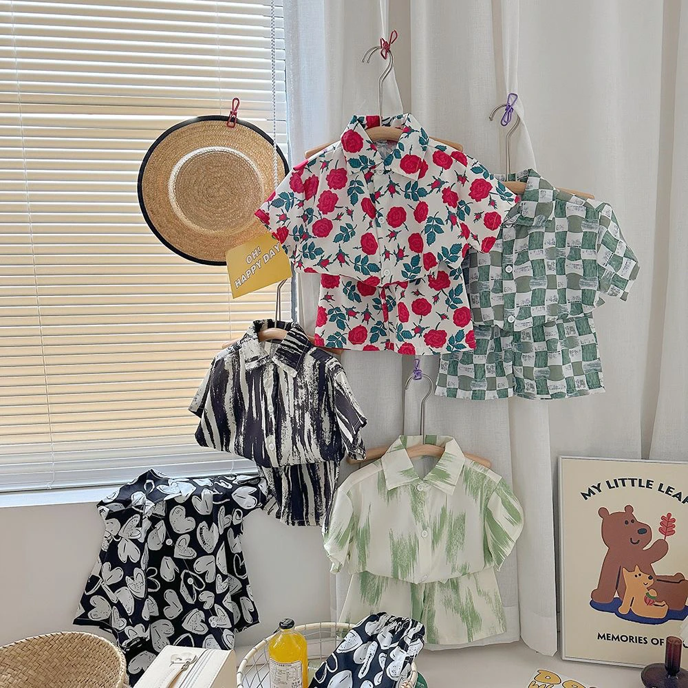 中小童洋气翻领碎花短袖短裤网红休闲夏季薄款韩版时尚花衬衫套装