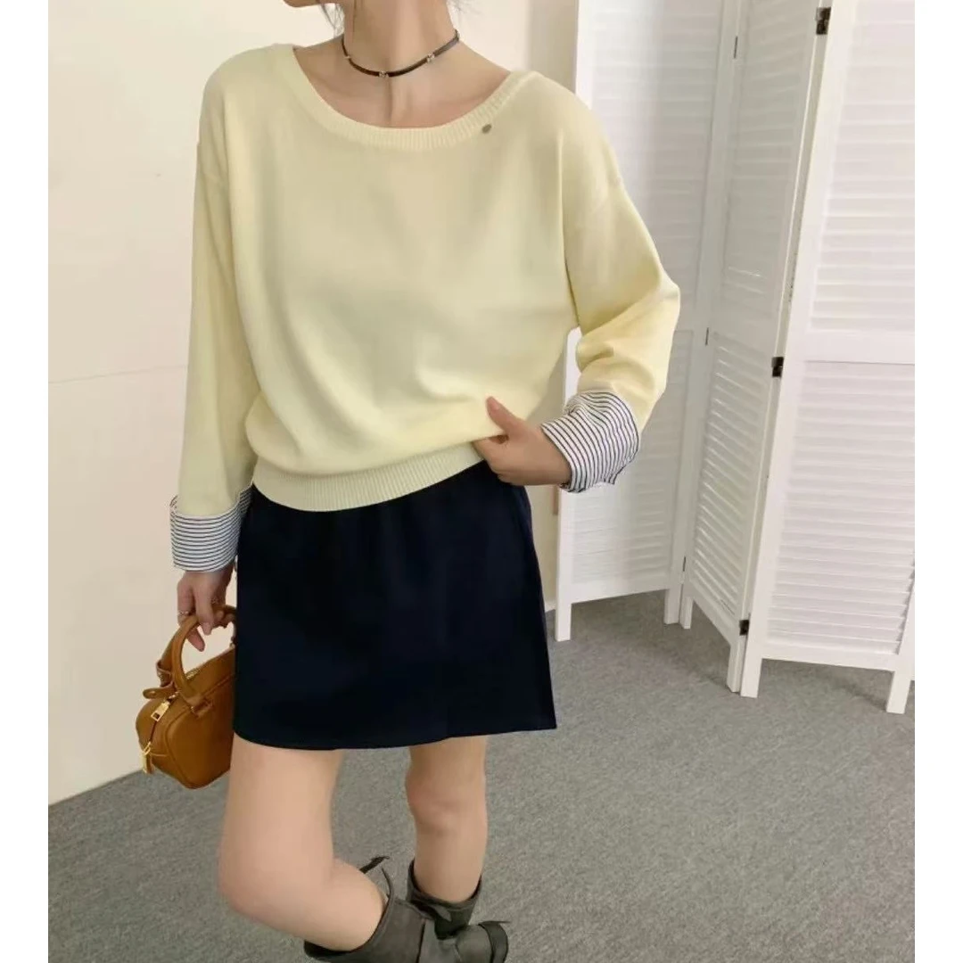 MEIZHENZI【天丝冰麻】2025春装新款斜肩袖口拼接减龄假两件针织衫