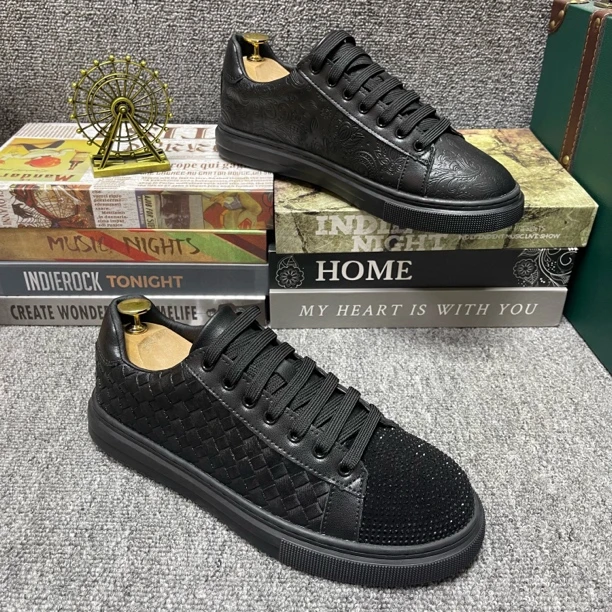 潮牌水钻系带皮革编织休闲厚底黑色潮流网红同款板鞋