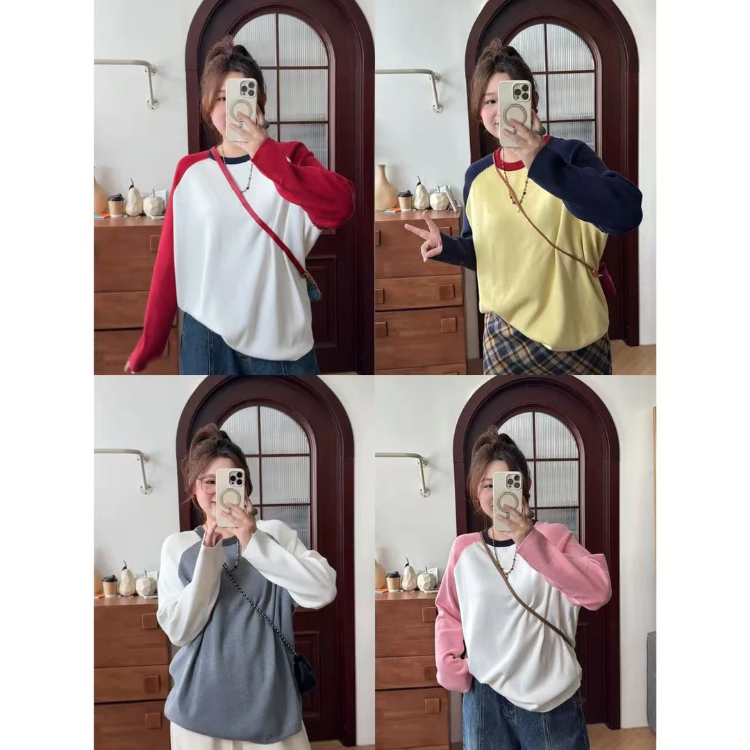 晶咕佳佳【七巧画家】拼织感插肩撞色毛针织衫显瘦长袖时尚宽松