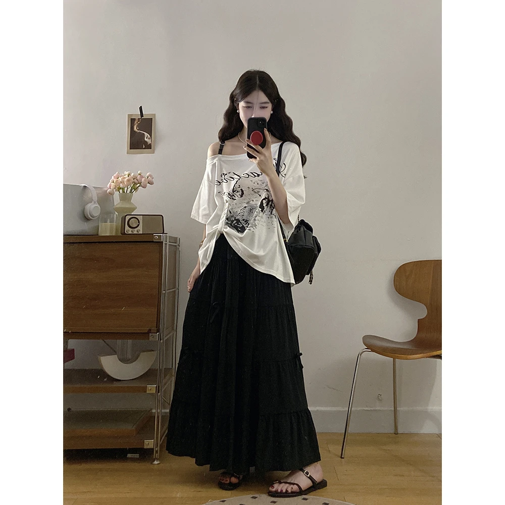 大码女装斜肩露肩短袖T恤胖mm不规则上衣配蝴蝶结高腰半身裙套装