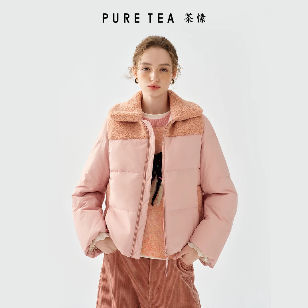 PURE TEA茶愫放羊羔毛90绒拼接直身面包羽绒服秋冬女新 KF1501D41