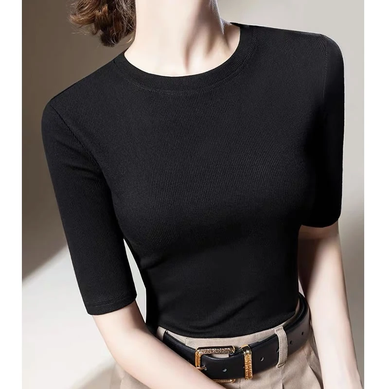 【爆款推荐】黑色圆领中袖T恤女2025新款正肩打底衫