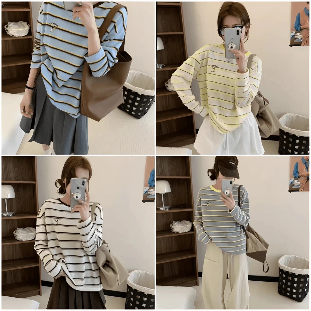 25年早秋新款气质条纹刺绣长袖百搭T恤显瘦休闲韩版女打底衫