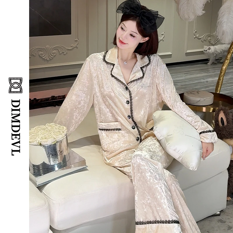 DIMDEVL/汀黛白夜玫瑰金钻丝绒秋冬气质长袖可外穿家居服睡衣套装