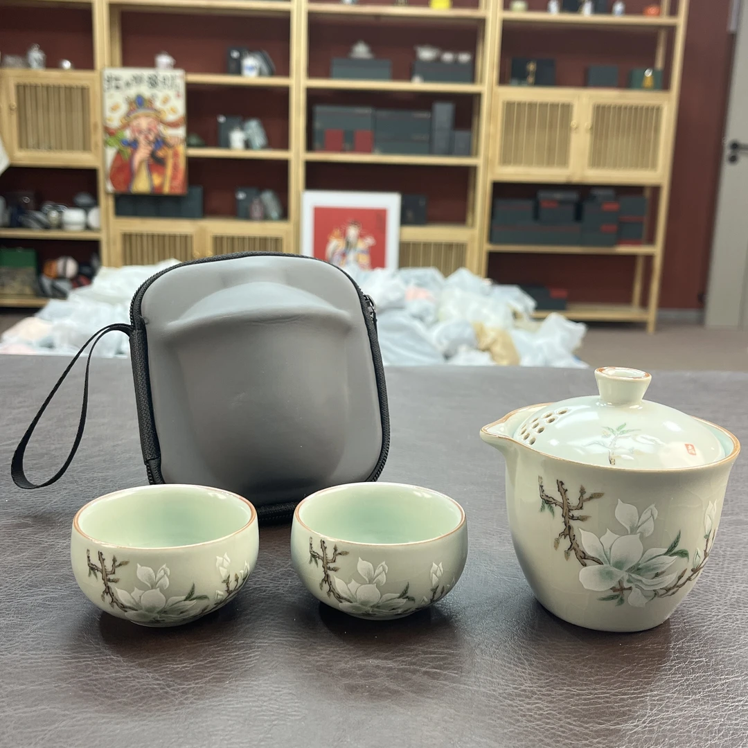 优一堂天青开片汝窑玉兰花旅行快客旅行套装一壶两杯带铜钱底