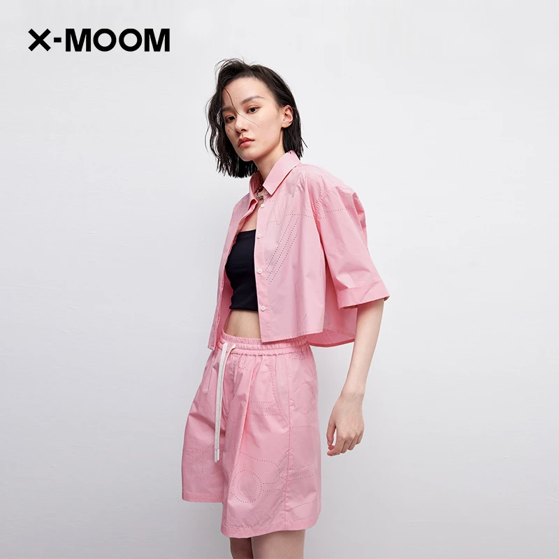 X--MOOM夏季女士新款打孔全棉箱型短袖衬衫外搭上衣ZWXCA19788