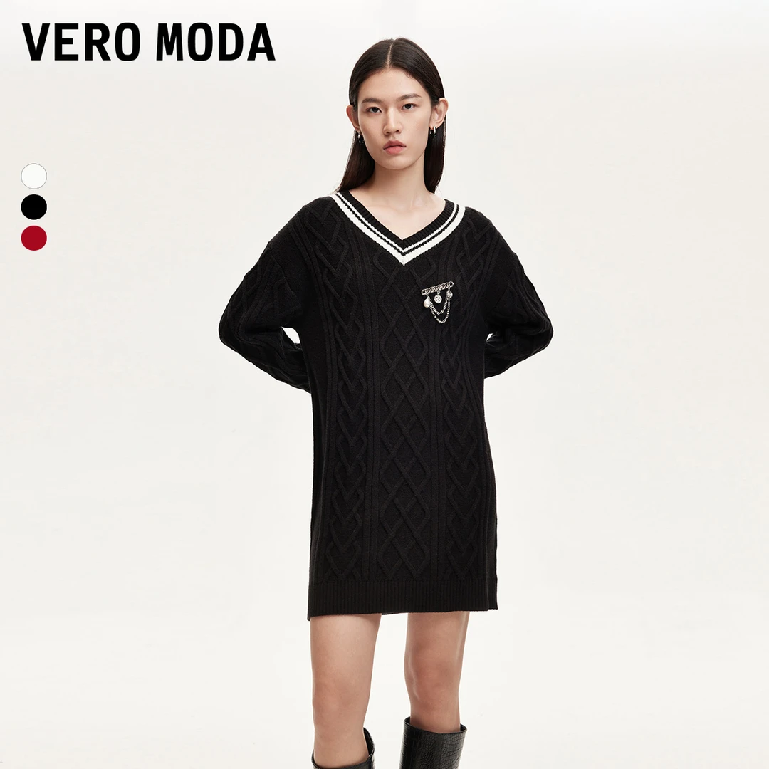 Vero Moda官方新款连衣裙V领针织中长裙复古钩花胸针洋气高级感