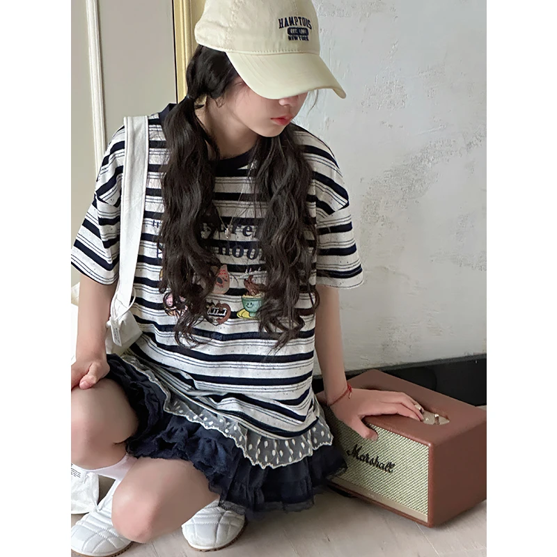 K28414蕾丝边条纹短袖T恤儿女童夏装上衣2025新款儿童休闲衣服潮t