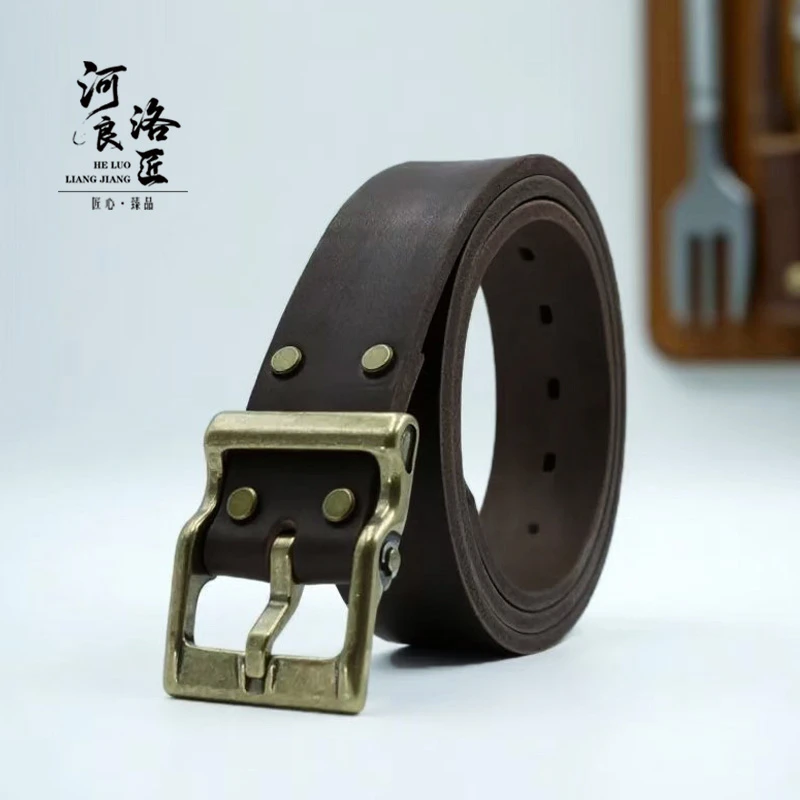 【加厚5.0咖色】头层牛皮手工制作男款腰带结实耐用复古黄铜中年男