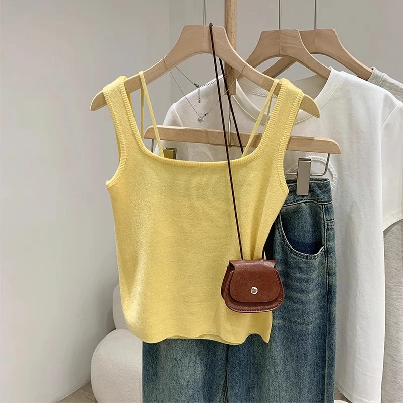 黄色方领辣妹露背小吊带外穿背心女2025春夏季纯欲宽肩小个子上衣