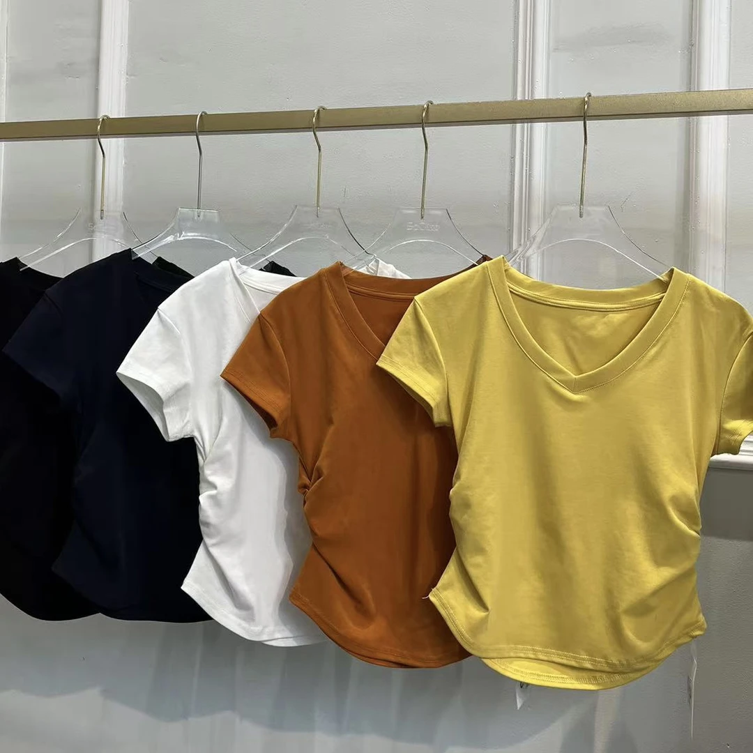 新款V领短袖收腰褶皱上衣百搭