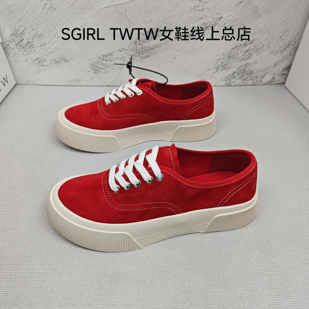 SGIRL TWTW厚底日系红色系带帆布鞋女2026款防滑透气休闲百搭板鞋
