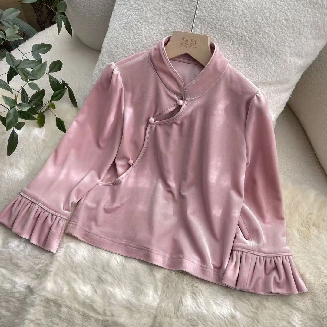 【喜儿定制】冬季新款时尚气质百搭显瘦粉色丝绒内搭上衣汉服