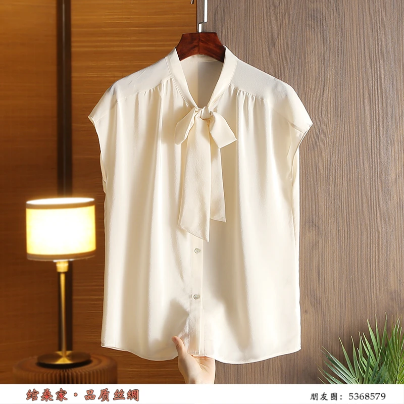 真丝短袖系带T恤洋气女2024夏季新款桑蚕丝上衣纯色气质优雅