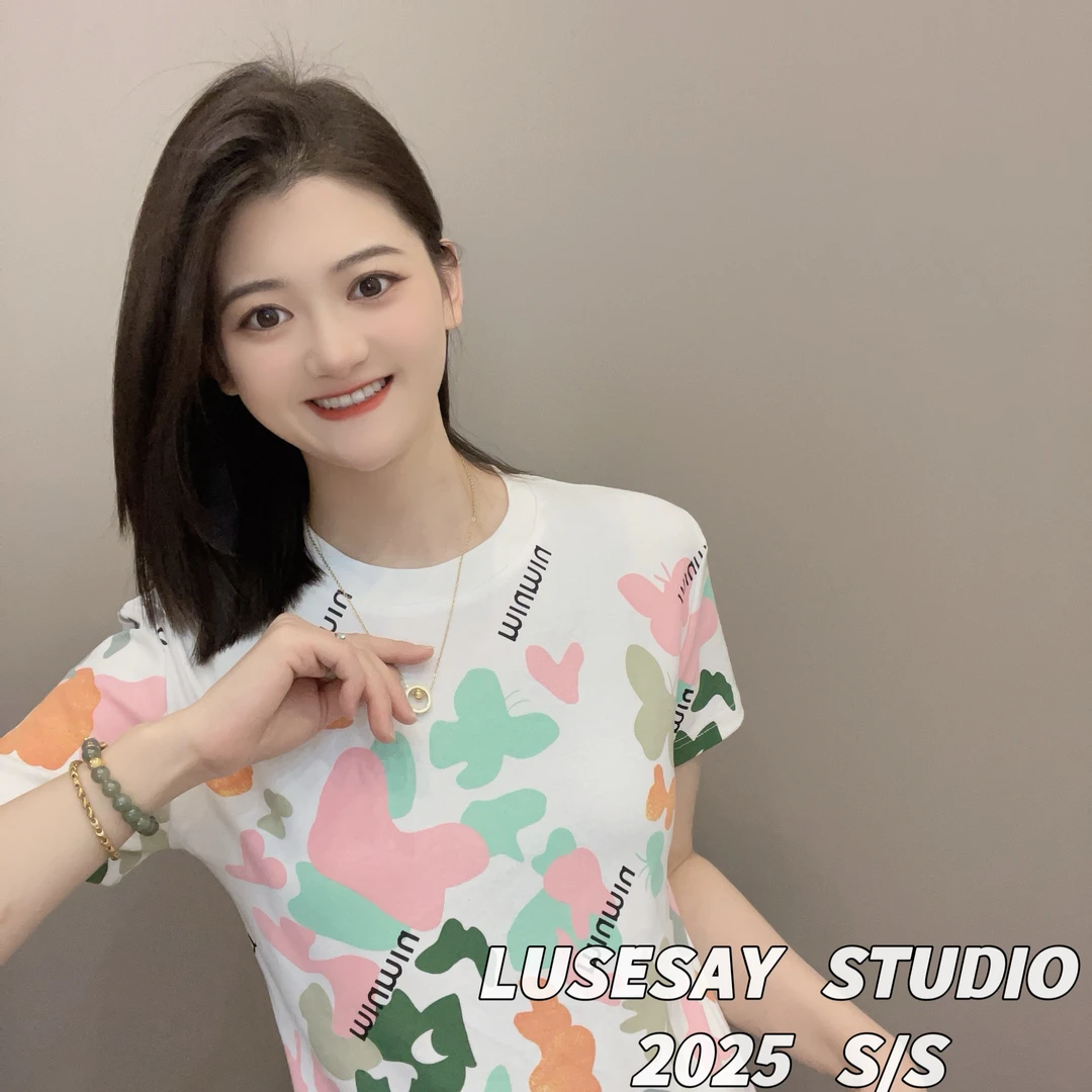 LUSESAY 蝴蝶重工满印设计感 早春2025新款短袖t恤女百搭休闲上衣