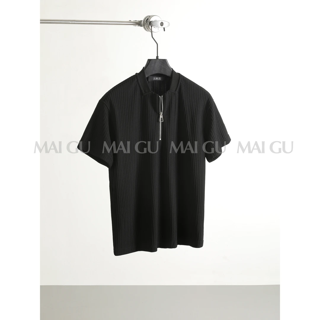 【MAIGU】夏季男士奢风坑条肌理感设计U领短袖透气凉感拉链立领上衣