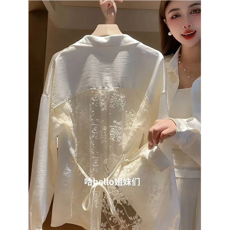 2025春秋新款高级感轻奢减龄洋气长袖镂空蕾丝衬衫翻领绝美上衣女