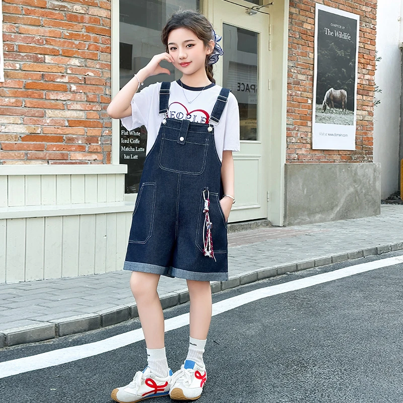 女童夏季牛仔背带裤套装2025新款中大童韩版短袖薄款休闲背带短裤