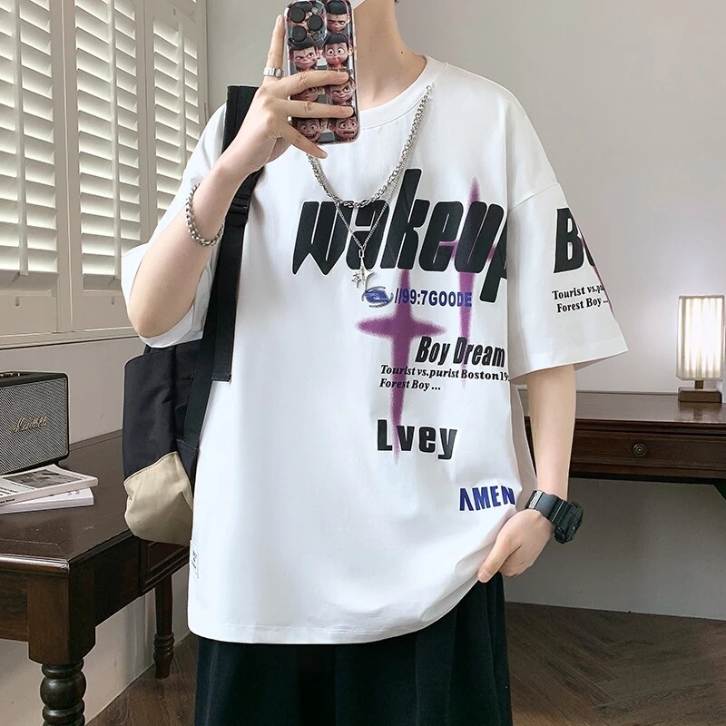 男生夏季新款卡通印花美式短袖T恤潮流宽松t恤休闲学生圆领半袖男