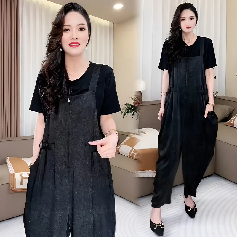 休闲时尚套装女2025年夏季新款宽松显瘦洋气减龄T恤背带裤两件套