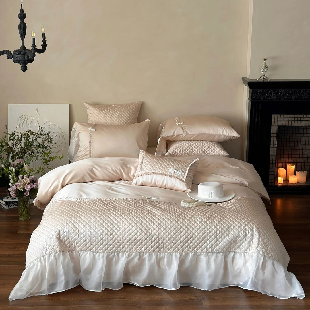 轻奢100S长绒棉纯棉绗缝刺绣四件套少女心雪纺边被套全棉床上用品