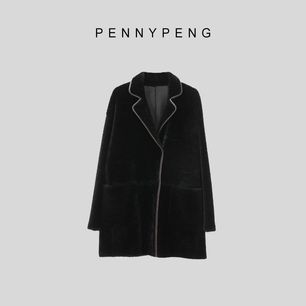 PENNYPENG高智感早春时髦洋气百搭黑色卡拉库皮毛一体气质外套
