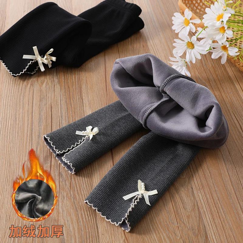 女童加绒加厚打底裤宝宝软弹绵柔甜美加厚蝴蝶结外穿弹力长裤子