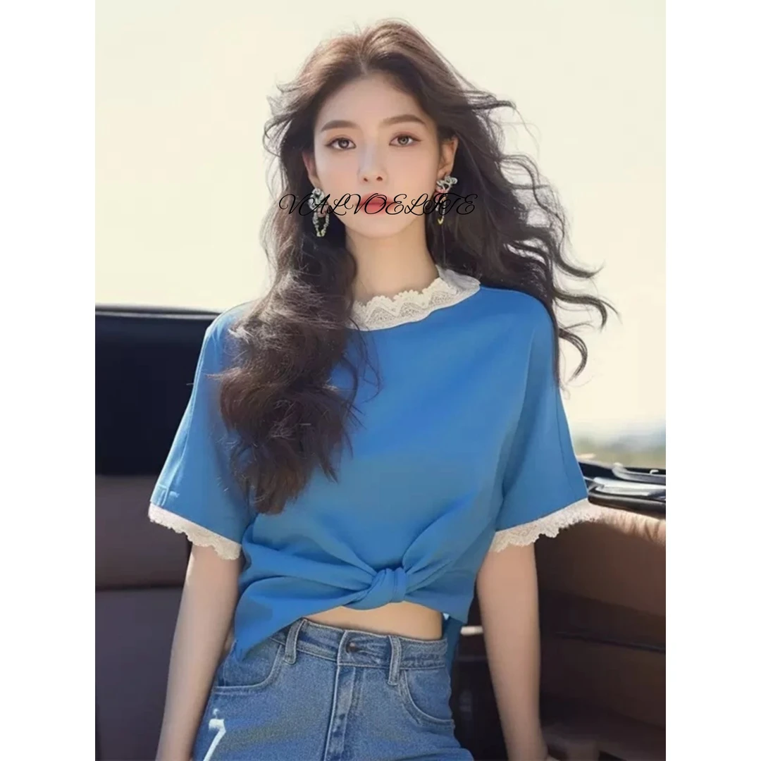 蓝色短袖t恤女2025新款爆款夏季宽松小众设计感洋气独特别致上衣