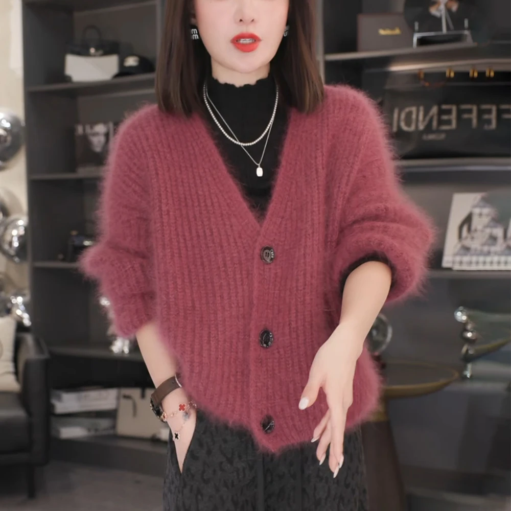 女士玫粉色V领毛衣外套秋冬新款慵懒高级感软糯宽松针织开衫上衣