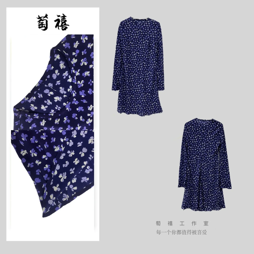 【萄禧-幽蓝花影】复古蓝底碎花气质连衣裙时尚KDL2009