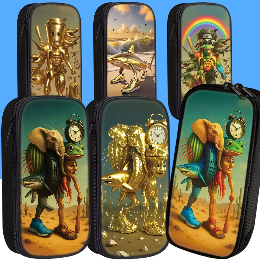 外国版山海经木棍人笔袋小学生大容量帆布文具盒男童男孩款铅笔盒