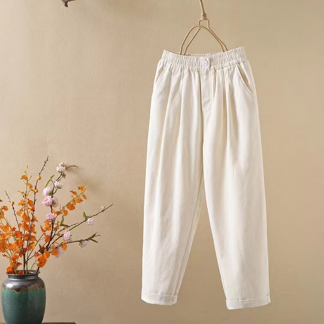 8599春季斜纹棉松紧腰哈伦裤百搭休闲裤宽松柔软显瘦九分裤子女