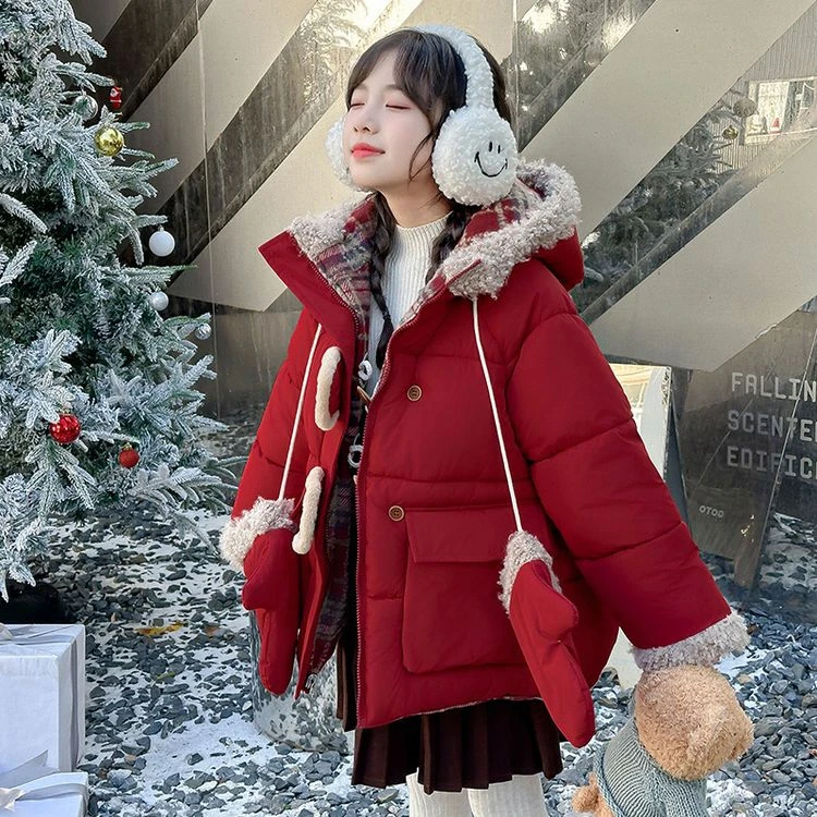 品质优选派克服红色加绒外套宝宝新款冬季儿时髦保暖款秋冬加厚一